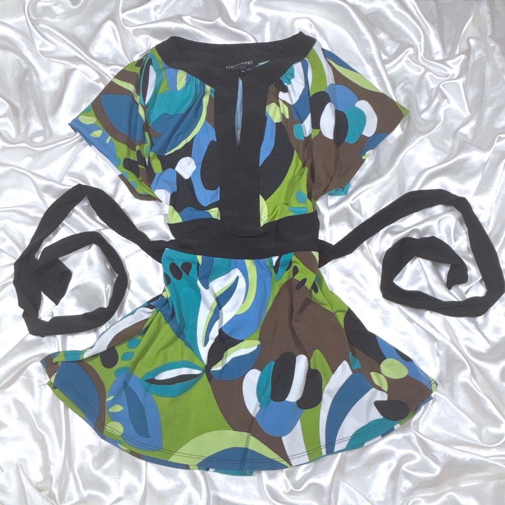 y2k Tunic Top Green Blue Excellent Abstract Floral Empire Waist Perceptions 6